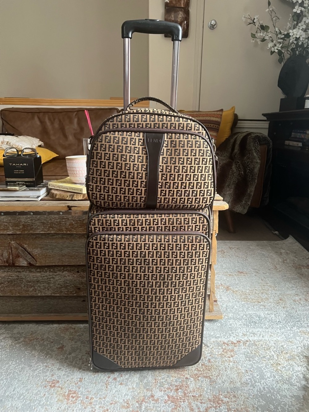 Monogram Pattern Brown Rolling Carry-On Luggage with Top Tote